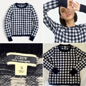 J. Crew Navy and White Gingham Cashmere Sweater
